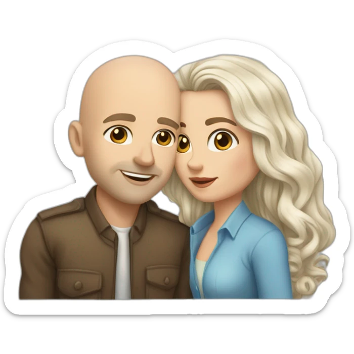 caucasian bald man with grey eyes and a caucasian woman with long curly dark hair and brown eyes kissing sticker