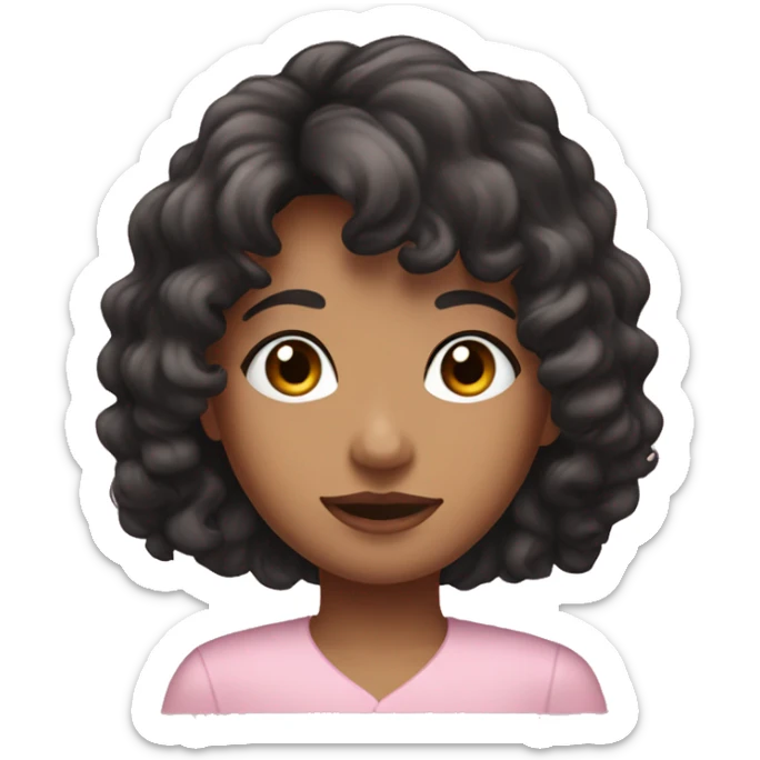 woman with long black curly hair and bangs and dark brown eyes, wearing a pastel pink blouse sticker