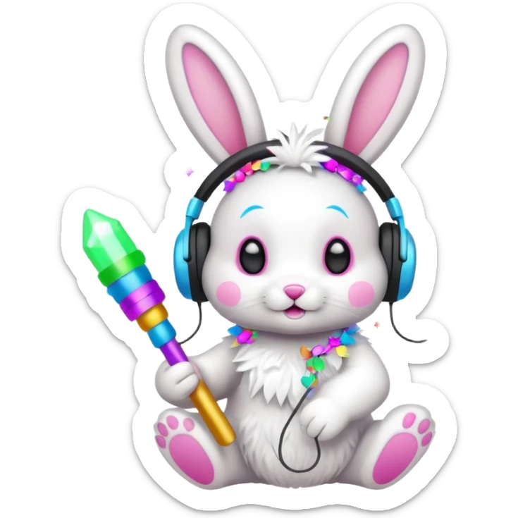 cute rave bunny wearing headphones, holding a glow wand, surrounded by confetti, festive mood sticker