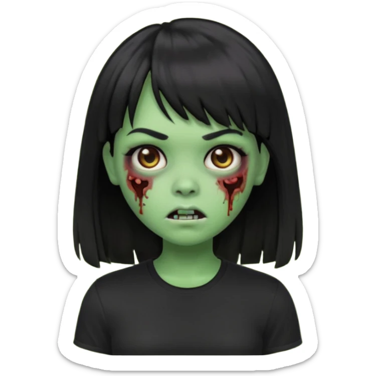 uma garota zumbi no formato Memoji da apple com o cabelo cumprido, preto liso e com franja, blusa preta sticker