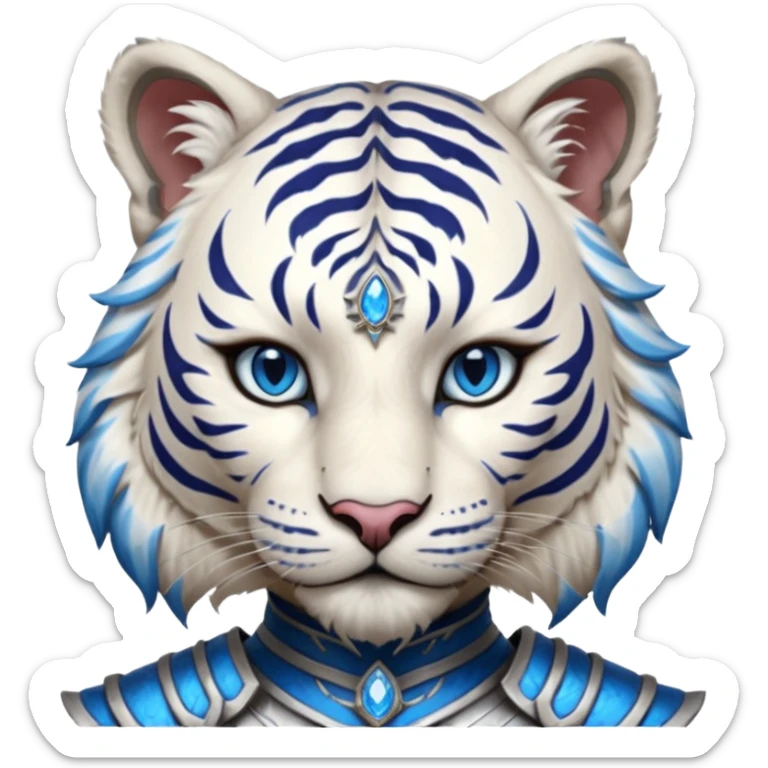 ESO Female white tiger khajiit leader of the umbral rose, blue eyes, blue 'third eye' gem sticker