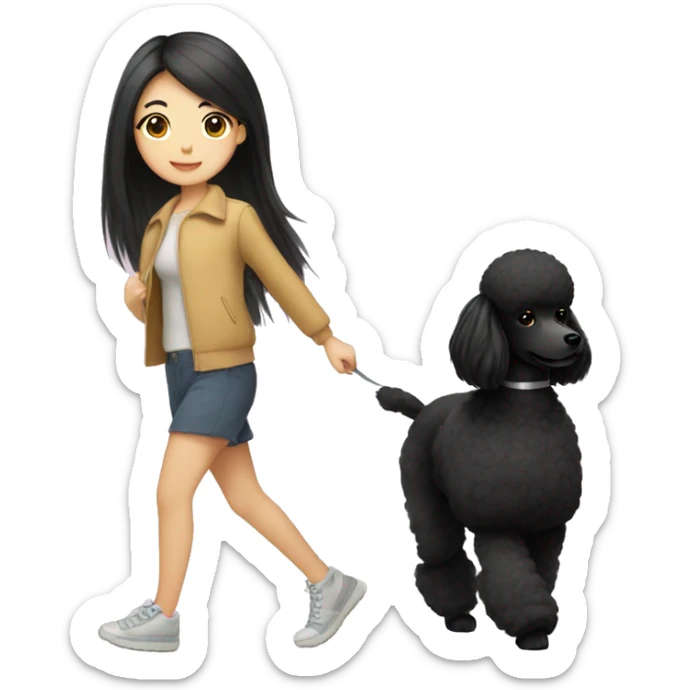 One Korean girl with black long straight hair with one black poodle is walking. sticker