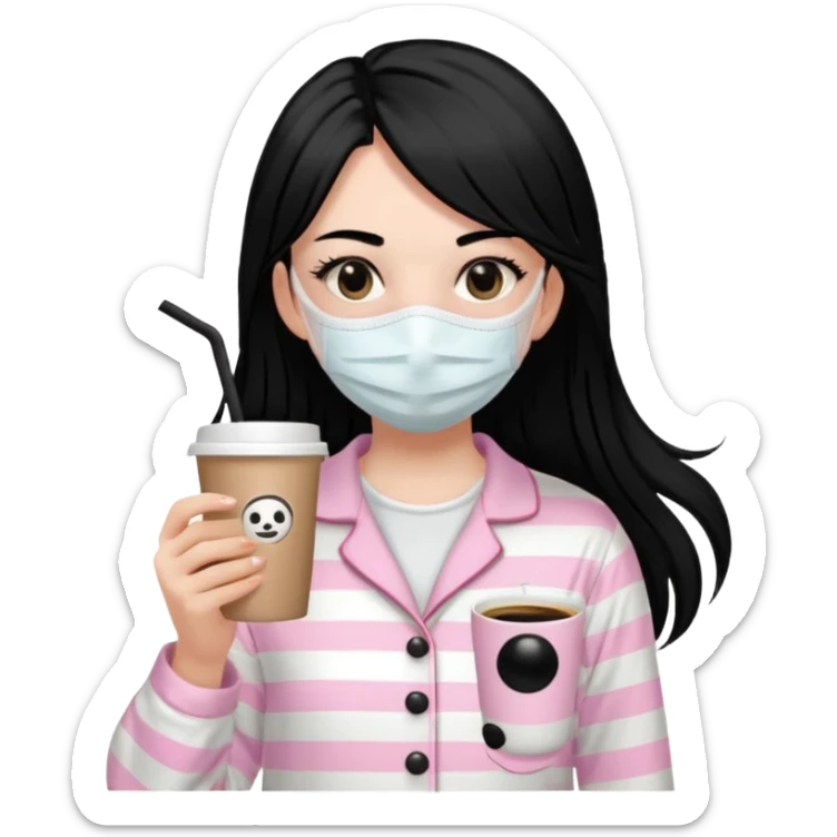 chica de pelo lacio color negro cabellera larga piyama blanca con rayas rosa claras peo no tan claras no oscuras el bordado es negro al igual que los botones )tiene una mascarilla para la carablanca y sostiene y cafe con bolitas nedras al dondo con unsorbete tranparente y es de test blanca  sticker