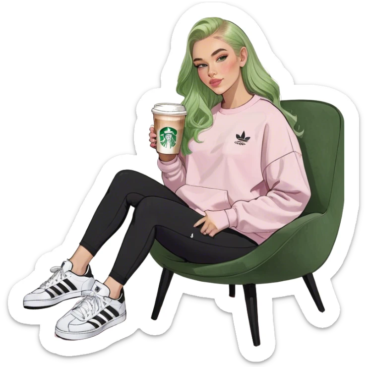Girl long bright blonde hair middle part with rosy cheeks and plump mauve lips and green colored eyes wearing a white colored sweatshirt and black leggings, adidas OG Samba sneakers sitting in a large pink chair holding a latte sticker