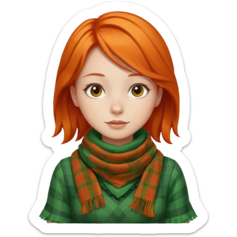 girl orange hair, wear red checkered scarf, green dress sticker