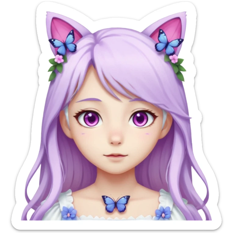 female anime character with pink eyes long white hair periwinkle highlights and cat ears on her head. She is wearing a white dress with purple flowers and butterfly. sticker
