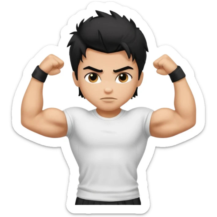 generate a pretty tan bratz boy with black messy hair flexing his biceps. wearing white tshirt sticker