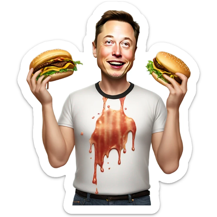 Photo realistic, Elon Musk eating super sloppy wet, hamburger meat super messy at the beach by the pool sticker