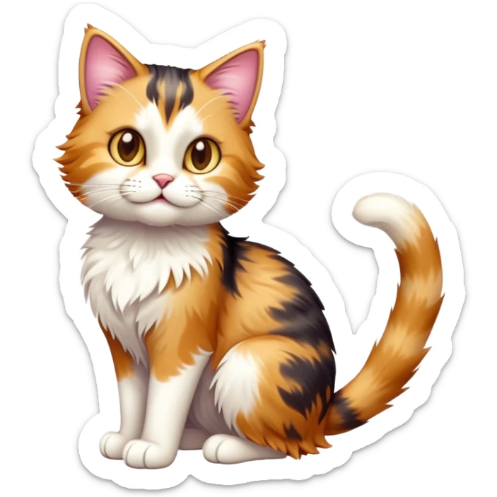 cinematic-[calico tabby cat]-realistic-full-body-sitting-emoji,-tail-curled-playfully-around-its-paws,-head-tilted-dramatically,-scruffy-[calico]-fur,-simplified-yet-realistic-adorable-features,-highly-detailed,-glowing-with-an-almost-sarcastic-glow sticker
