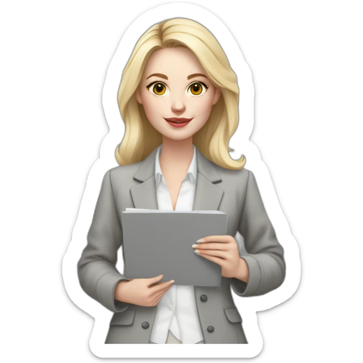 pale skin woman interior designer with cold blonde straight middle length hair, White blouse, Gray oversize jacket, Gray skirt holding a color palette in the hands sticker