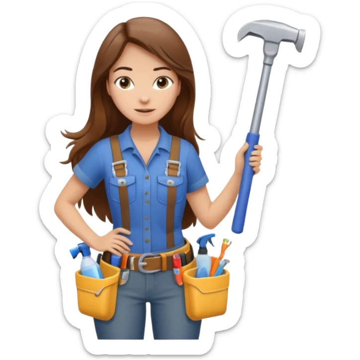 beautiful girl with long brown hair constructing new bathroom area with new shower and amenities  sticker