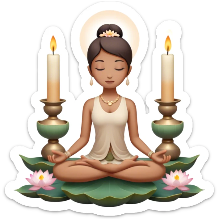 A photorealistic icon featuring a peaceful meditation pose, lotus flowers, candles, and calming natural elements like stones and incense. Soft, tranquil colors with detailed textures and lighting that convey a sense of calm and mindfulness. Transparent background. sticker