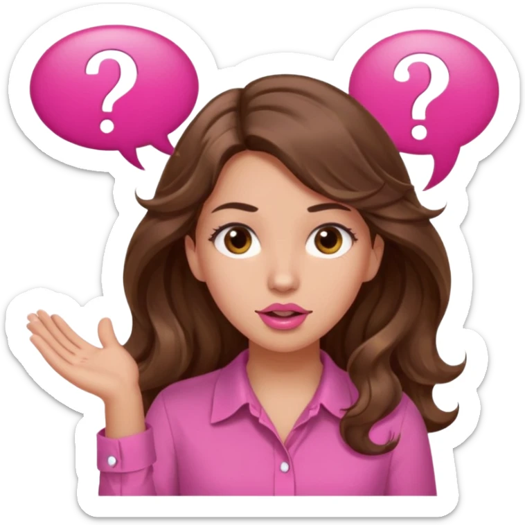 girl with long wavy brown hair, brown eyes, light to medium complexion, in a pink shirt, pink lips, long lashes, shugging, question mark one speech bubble sticker