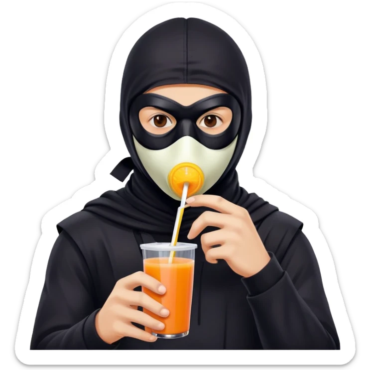 Masked man in dark clothing holding and drinking from a juice box with a straw, comical contrast between serious masked appearance and innocent juice sticker