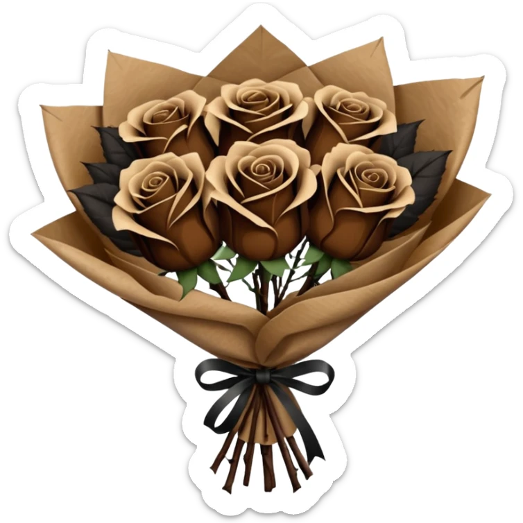 boquete of brown and black roses in a paper package sticker