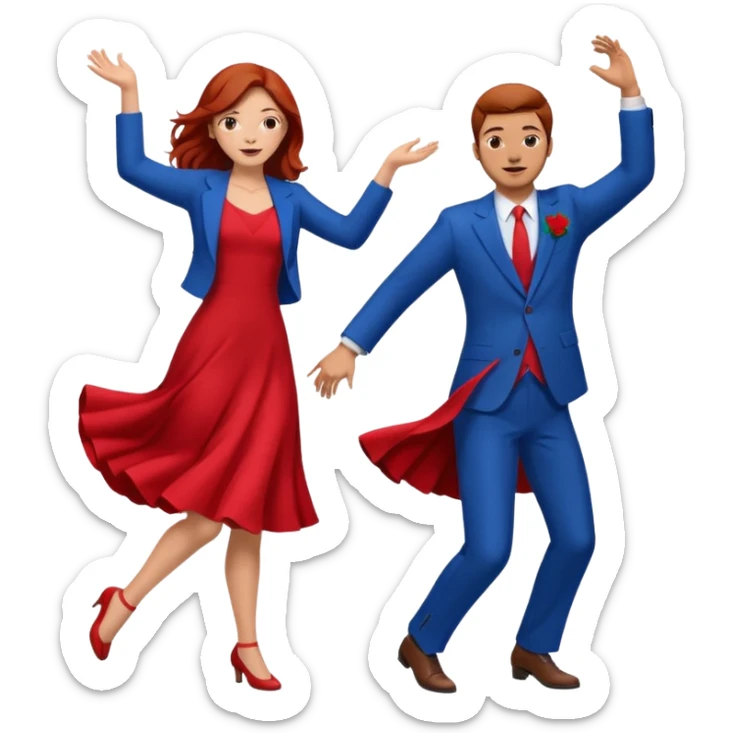 Two people dancing one wearing red and one wearing blue. Brown hair and red hair sticker