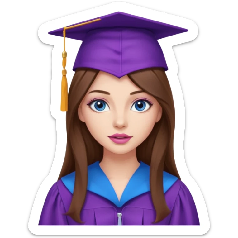 girl with beautiful very long brown hair, blue eyes, long lashes makeup, sexy pink lips, wearing a purple graduation cap and gown sticker
