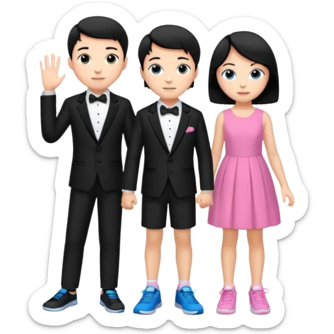 generate a pretty bratz fair skinned boy with short black hair wearing a black tux with blue sneakers with a girl in a pink dress sticker