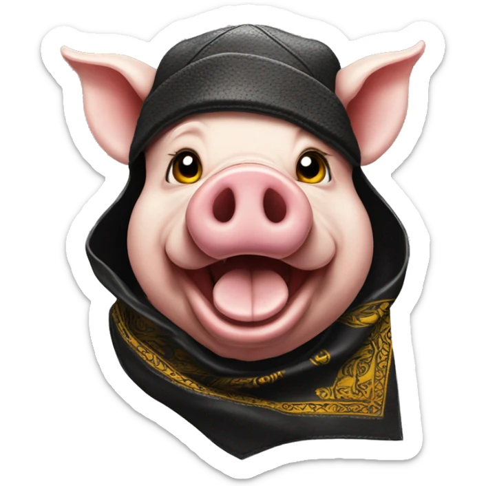 Angry Pig head with black leather Muir cap yellow paisley bandana around neck sticker
