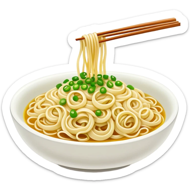 Shanghai Scallion Oil Noodles with green onion topping, simplified emoji style with bold outlines and bright colors, cartoon style simple Cong You Ban Mian sticker