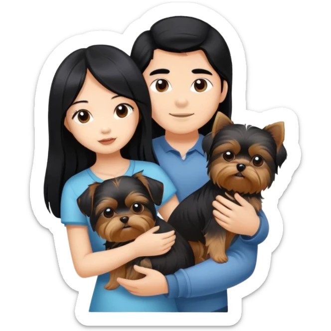 A beautiful Asian girl with long black hair is holding a Yorkshire Terrier. She is standing next to her tanned boyfriend, who is holding a Shih Tzu. They are each holding one dog each sticker