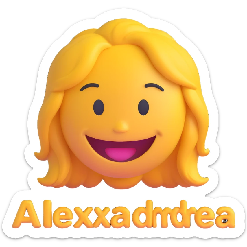 3D smiley emoji, girl style, long hair, smiling face, with the name 'Alexandra' below in a cool, youthful, elegant font sticker