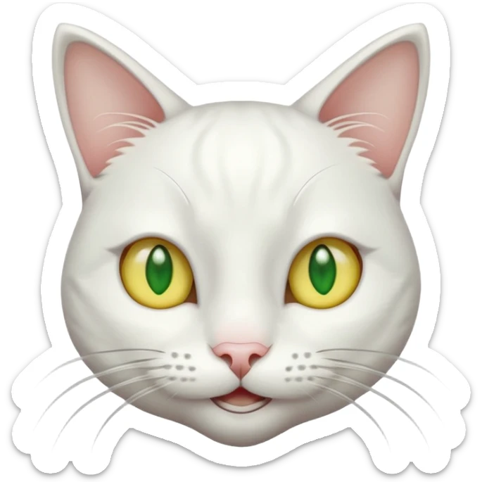 Realizar emoticonon de gato blanco con tonos gris claro solo carita sonriendo muy feliz ojos grandes de color verde con amarillos sus hijos  y bigotes largos  sticker