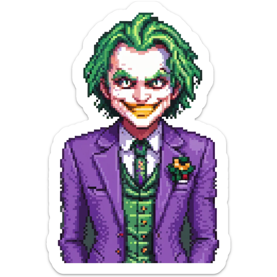 Joker with purple suit and green hair, grinning, pixel art style sticker