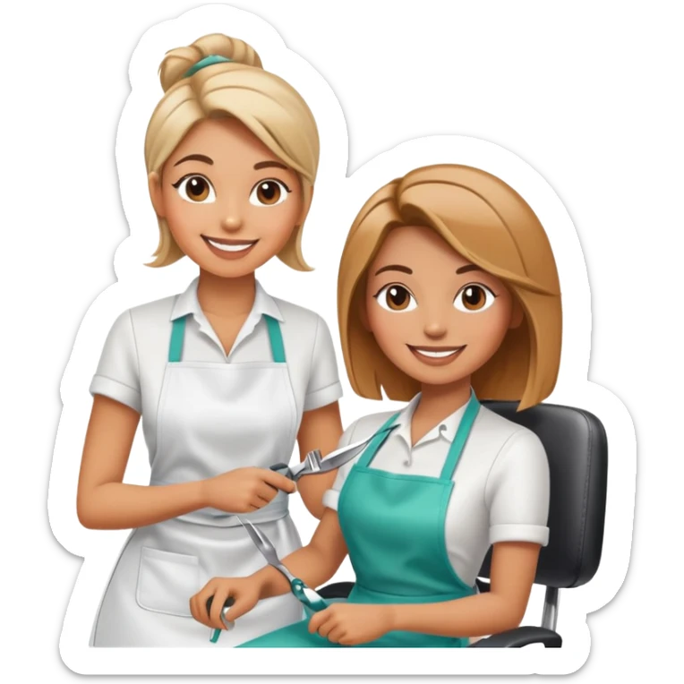 smiling woman in apron sitting in salon chair, smiling female hairstylist behind her with scissors sticker