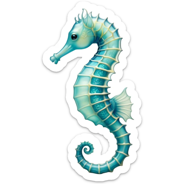 Beautiful and Majestic Sea Horse Portrait Emoji, Head and body rendered in serene repose with a gentle, content smile, showcasing a slender, elegantly curved seahorse with a softly coiled tail and eyes gently closed in peaceful slumber, Simplified yet exquisitely endearing features, highly detailed, glowing with a soft, drowsy aquatic light, high shine, relaxed and utterly enchanting, stylized with an air of majestic marine beauty, soft glowing outline, capturing the essence of a beautiful and majestic seahorse that embodies the enchanting spirit of the ocean! sticker
