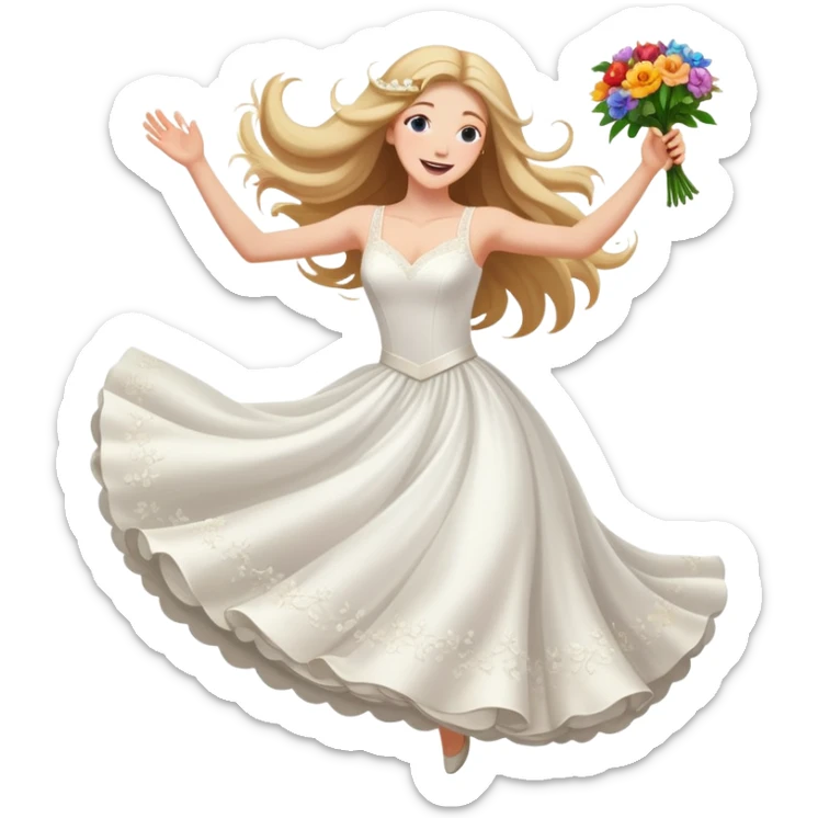 White woman - long hair - white wedding dress - happy - jumping - fashion - elegant - flowers - dreamy - colorful sticker