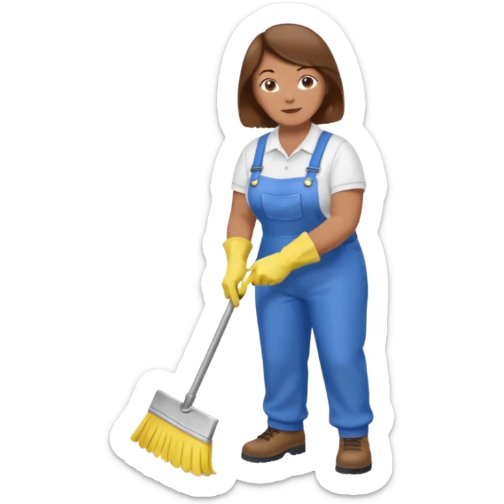 old and fat women, brown hair, Custodian with yellow rubber gloves, white T-shirt, blue overalls, mopping floor sticker