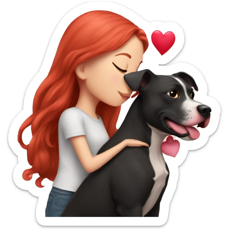 Girl with red hair kissing big black pitbull dog, pink hearts sticker