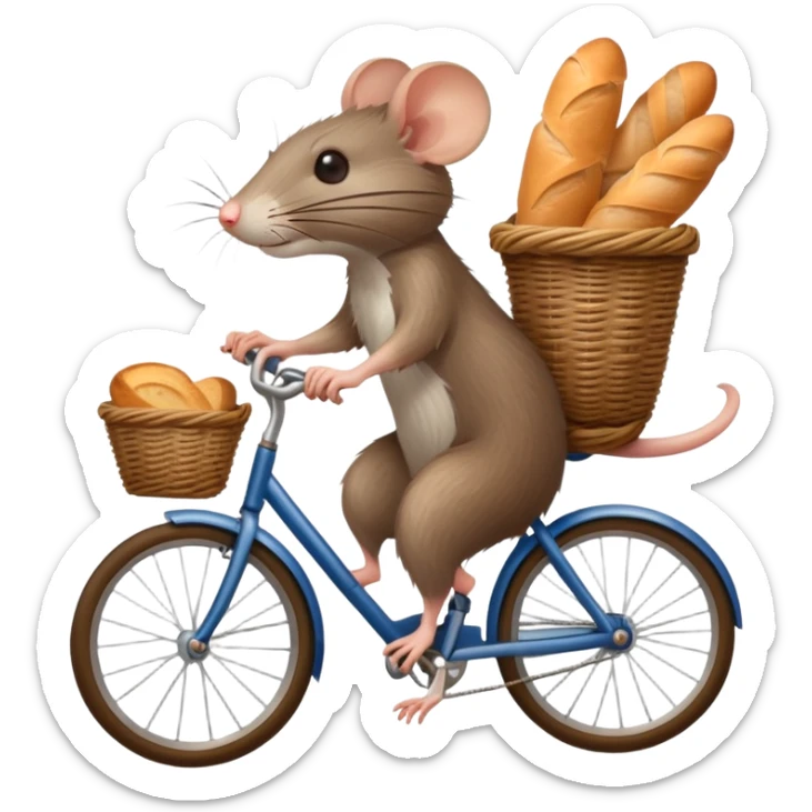 Rat riding bicycle with French baguette in basket sticker