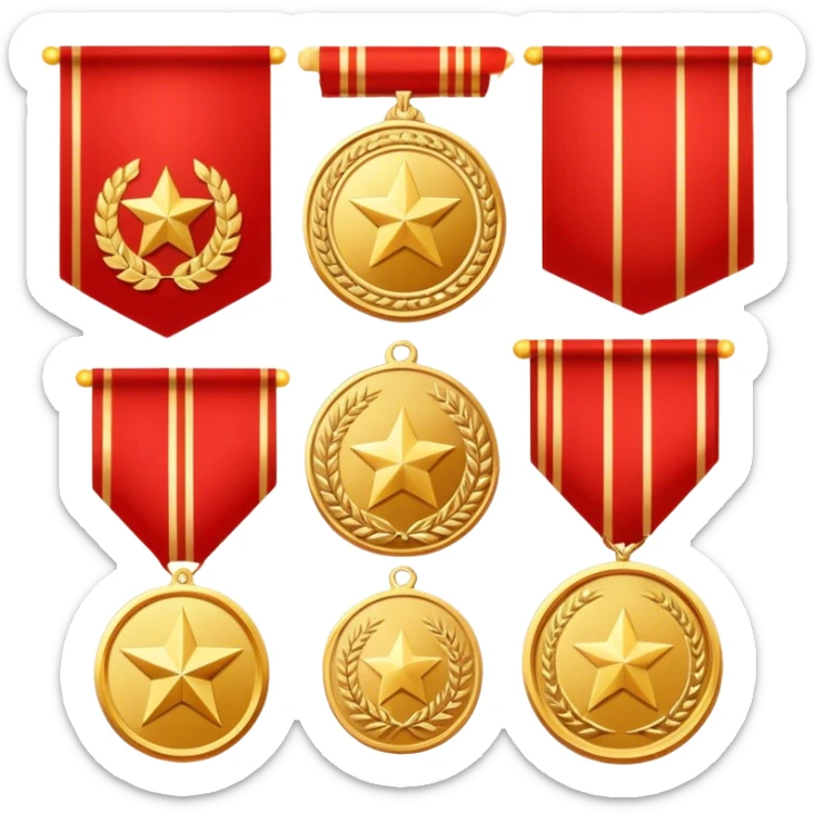 Icon for Collecting Orders, Medals & Badges: a variety of medals, orders and badges displayed on a large red pennant with fringed edges. The icon should convey the prestige and historical value of these collectibles. Transparent background. sticker