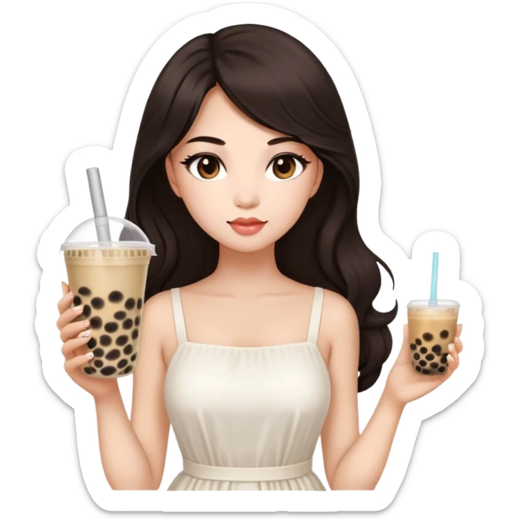 Beautiful woman in 1965’s woman fashion look, white dress, long dark brown hair, bubble tea sticker