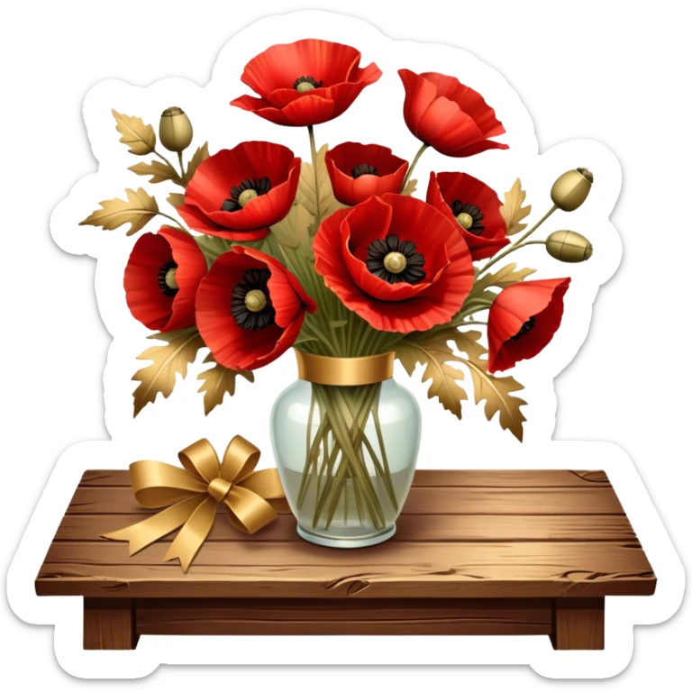 A lush bouquet of deep red poppies tied with a faded gold ribbon, resting on an antique wooden table. Warm brown leaves and golden sunlight add a vintage charm. sticker