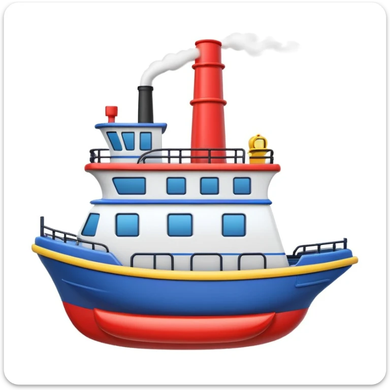 3D apple style emoji of a ship with simplified shapes, cartoon-like look, glossy finish, soft shadows, white background, featuring a red smokestack, blue hull, and recognizable windows sticker