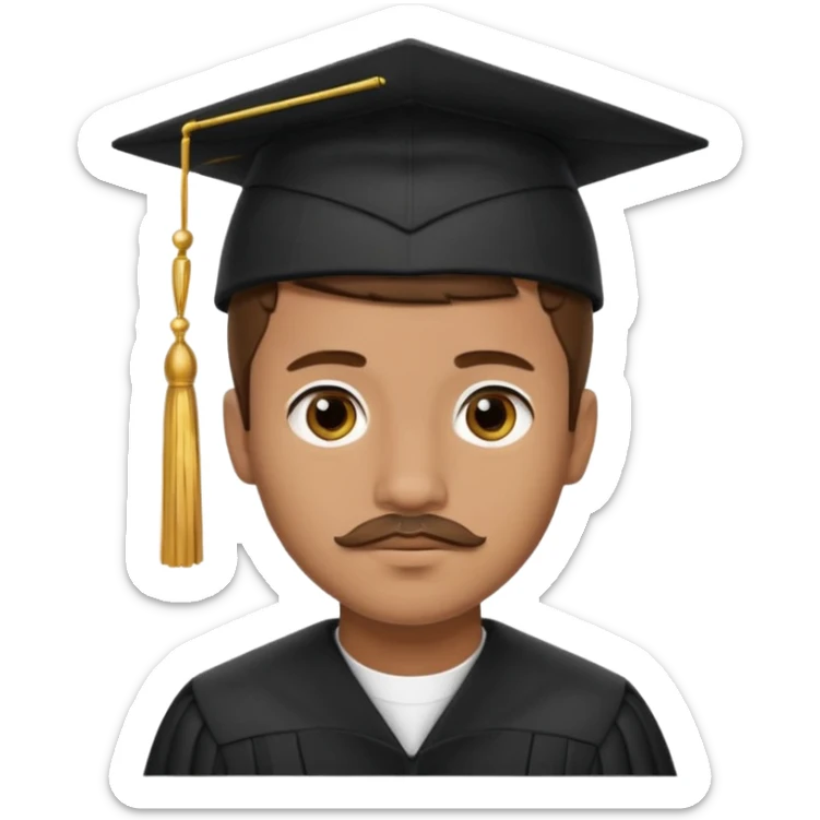 A young man with short brown hair, light brown skin, and a small mustache, wearing a black graduation cap with a gold tassel. sticker