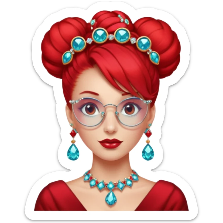 gem lover woman with gem accessories excessive amount gem glassess very big gem earrings red bun hair and red diamonds sticker