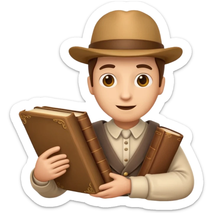 Apple Memoji-style 3D emoji of a historian holding scrolls or old books, soft shading, rounded shapes, no background.
 sticker