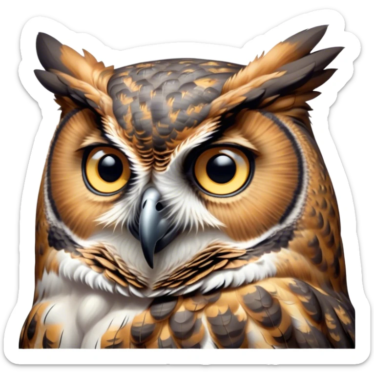 Cinematic Noble Great Horned Owl Portrait Emoji, Poised and regal, with a commanding, broad build and a richly mottled plumage of grays, whites, and subtle browns, deep-set soulful golden eyes, Simplified yet sharp and sophisticated features, highly detailed, glowing with a soft, dignified glow, high shine, intelligent and enigmatic, stylized with an air of nocturnal majesty, focused and attentive, soft glowing outline, capturing the essence of a watchful and confident raptor, so majestic it feels as though it could silently swoop out of the screen with effortless authority! sticker