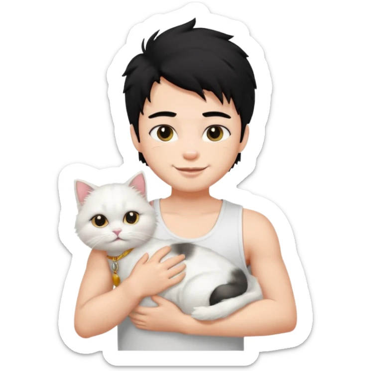 a pretty bratz boy with black hair and white sleeveless tank with a white persian cat smiling sticker