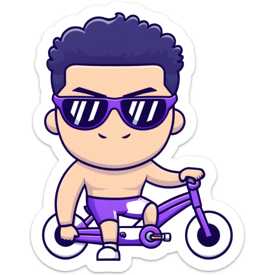 shirtless male athlete with white skin and moderately curly black hair on top with shaved sides, wearing purple bike sunglasses with black tinted lenses sticker
