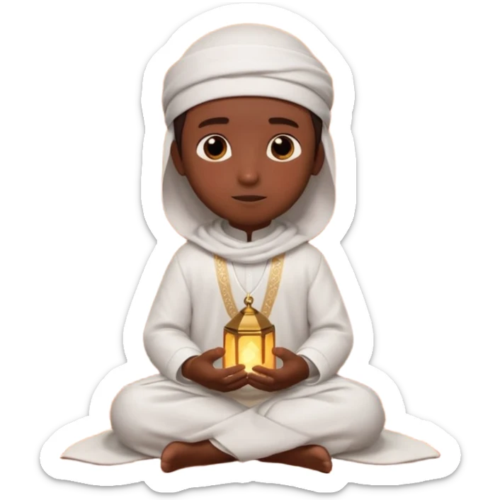 Personnage 3D mignon en style Pixar, un petit garçon portant un qamis blanc et un kufi, tenant un tapis de prière, entouré de lanternes brillantes, fond doux, couleurs chaudes, garçon teint noir sticker