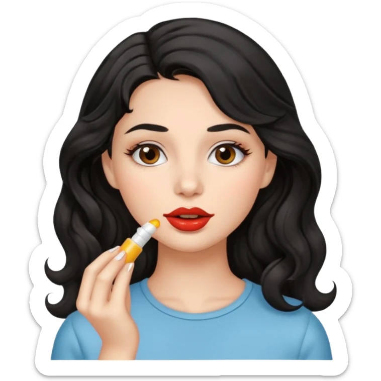 A gorgeous with black wavy hair women applying cute thin lipbalm on her brown lips sticker