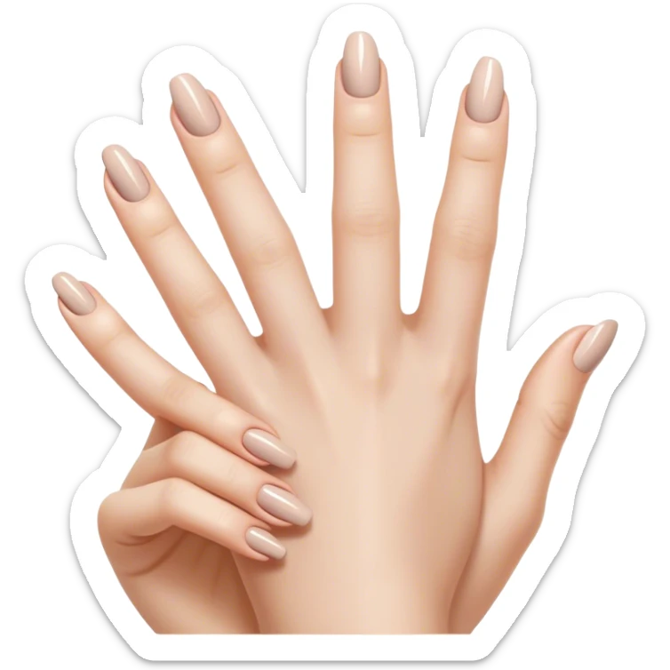 "Close-up of a delicate hand with nude nail polish, slightly curved fingers, elegant and feminine style, subtle shine on nails." sticker