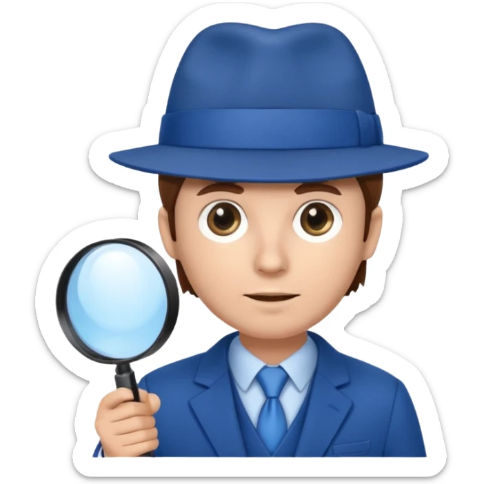 detective in blue suit and blue hat brown hair white skin with big mangifier in his hand looking trough the magifier sticker