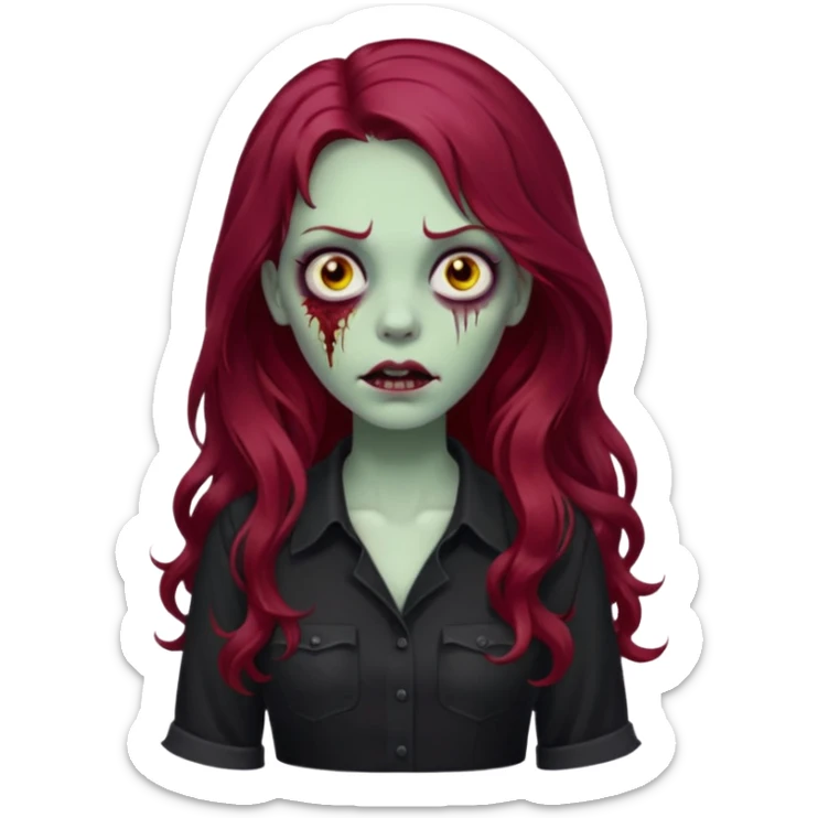Faça me um emoji de um zumbi mulher de cabelos vermelho borgonha longos ondulado usando uma blusa preta sticker