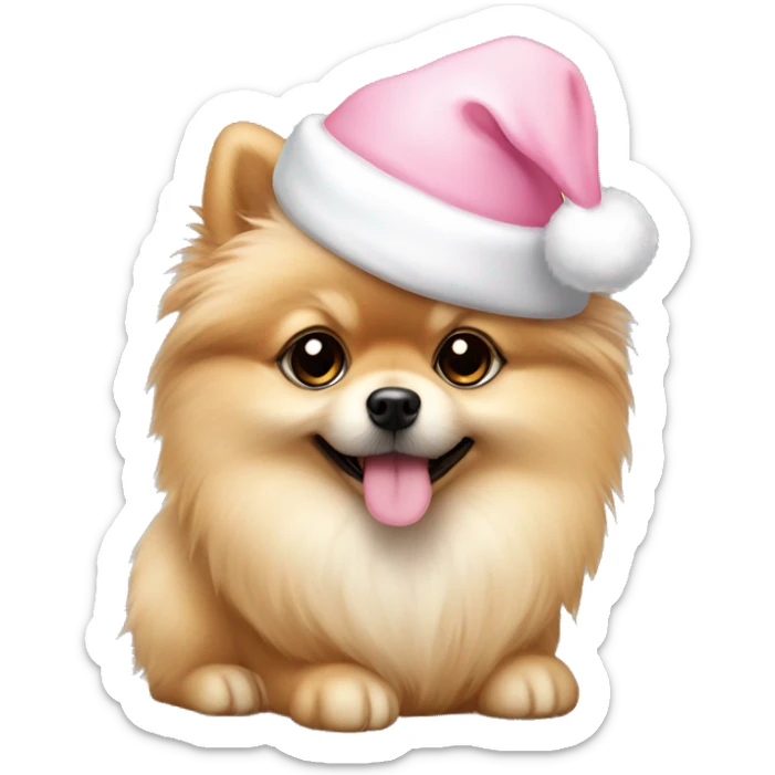 Beige Pomeranian puppy with light pink santa hat sticker